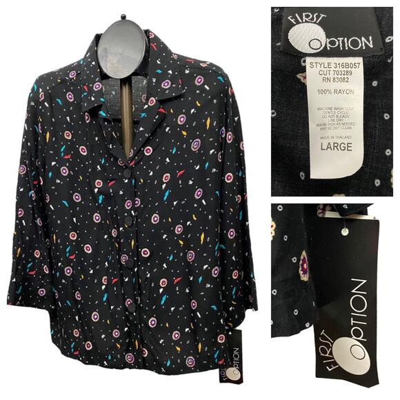 Deadstock Vintage Black Feather Abstract Print Blouse Shirt Top / Large * - Picture 4 of 4